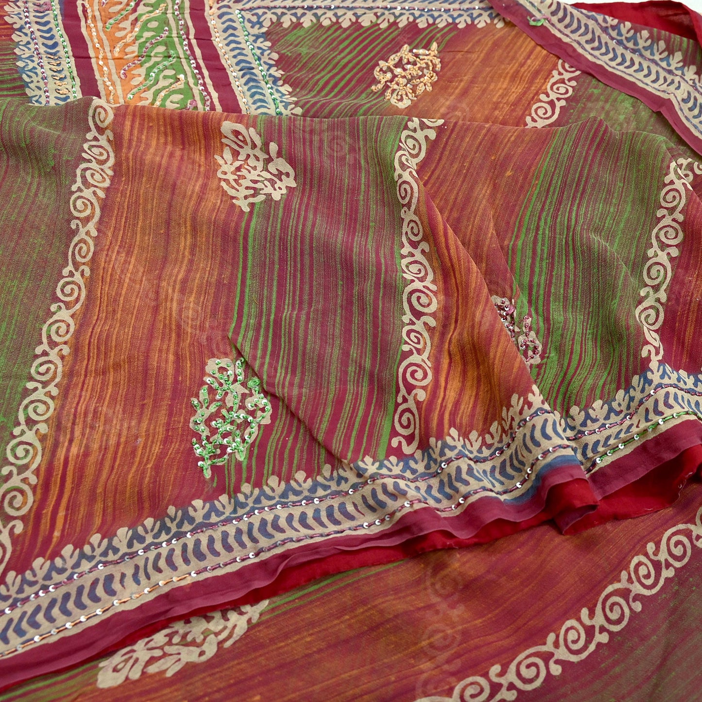 Indian Vintage Sari Multi Hand Embroidered 100% Pure Georgette Silk Saree Craft Fabric 5Yd Ethnic Soft Dress making For Crafting Quilting