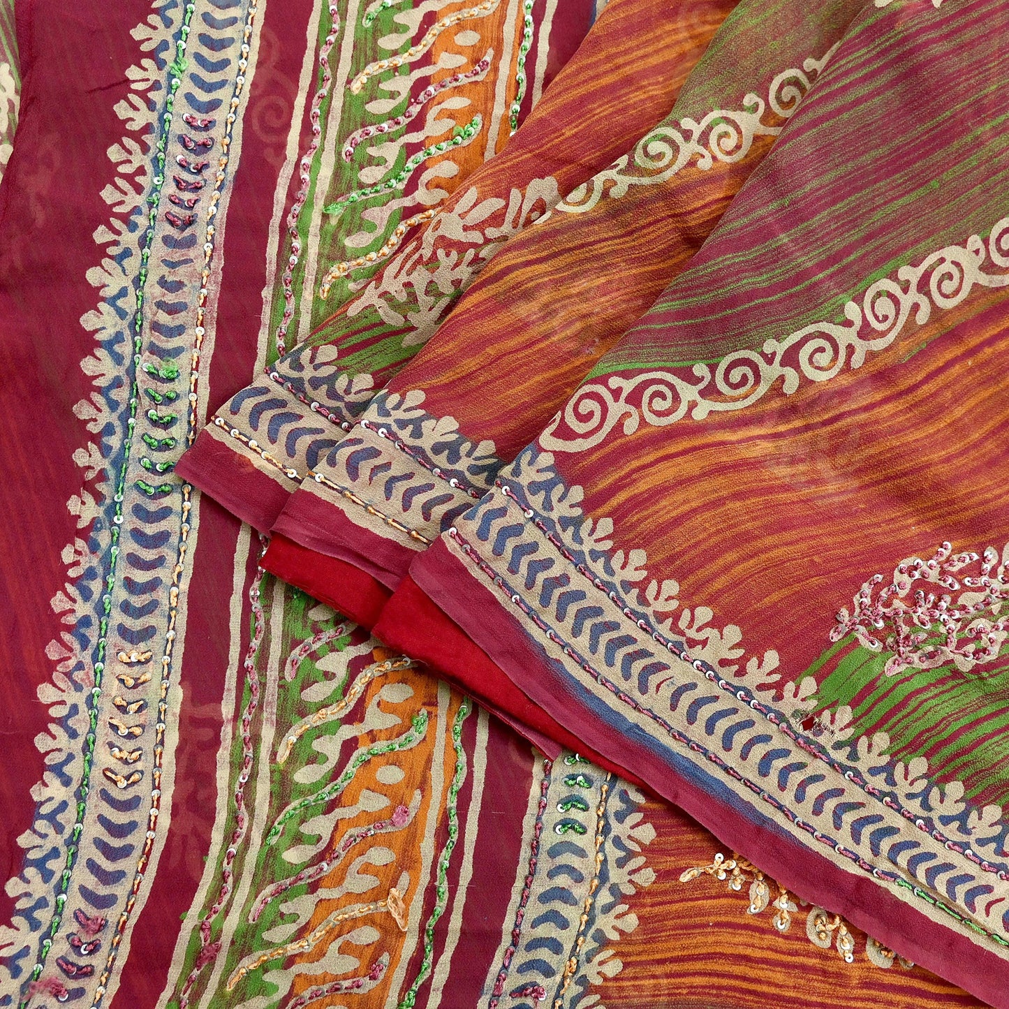 Indian Vintage Sari Multi Hand Embroidered 100% Pure Georgette Silk Saree Craft Fabric 5Yd Ethnic Soft Dress making For Crafting Quilting