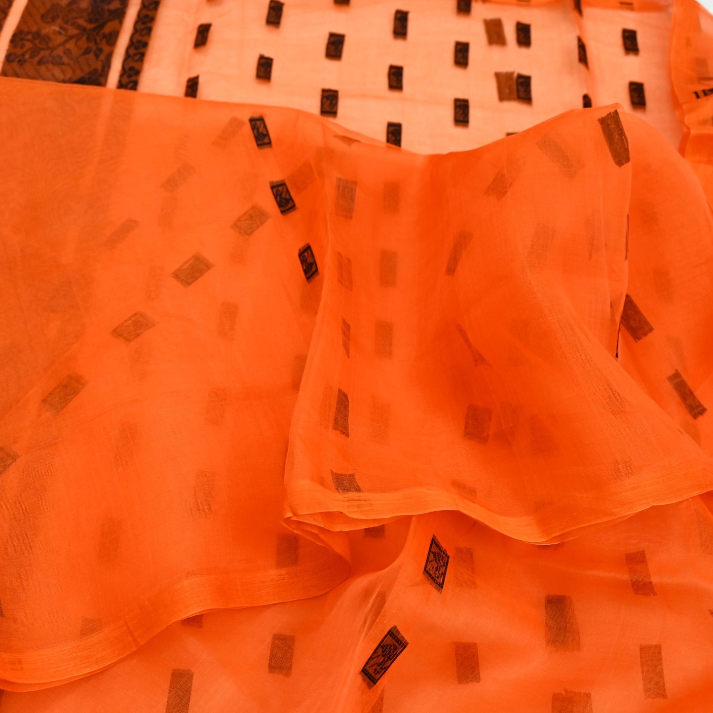 Indian Vintage Sari Orange Hand Woven Saree Organza Craft Fabric 6Yd Ethnic Sewing Geometric Zari Crafting Quilting Upcycle Dress making