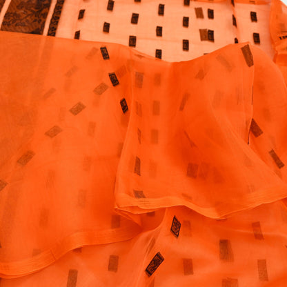 Indian Vintage Sari Orange Hand Woven Saree Organza Craft Fabric 6Yd Ethnic Sewing Geometric Zari Crafting Quilting Upcycle Dress making
