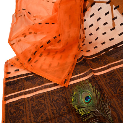 Indian Vintage Sari Orange Hand Woven Saree Organza Craft Fabric 6Yd Ethnic Sewing Geometric Zari Crafting Quilting Upcycle Dress making