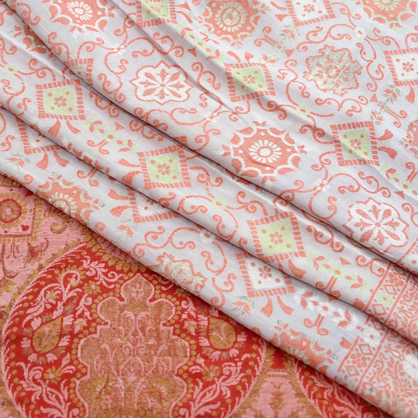 Indian Vintage Sari Peach & Cream 100% Pure Silk Hand Woven Sarees Craft Fabric 5Yd Ethnic Sewing Dress making Crafting Quilting Upcycle