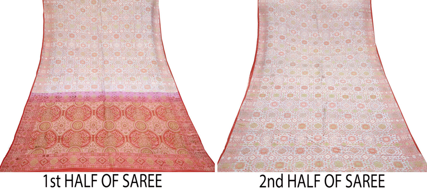 Indian Vintage Sari Peach & Cream 100% Pure Silk Hand Woven Sarees Craft Fabric 5Yd Ethnic Sewing Dress making Crafting Quilting Upcycle