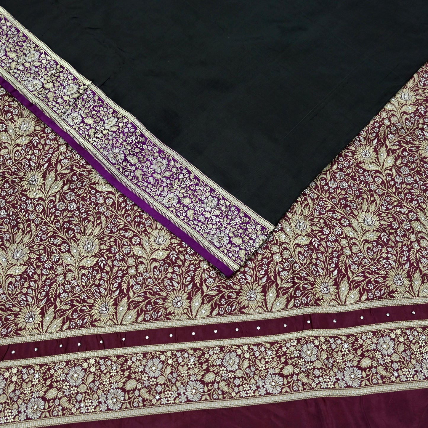 Indian Vintage Sari Purple & Black Mysore Silk Woven Saree Zari Border 5 Yards Soft Craft Fabric Upcycle, Quilting, Dressmaking