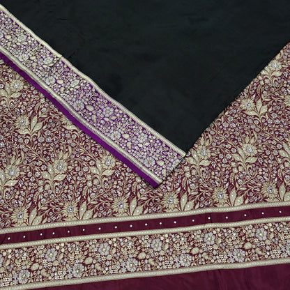 Indian Vintage Sari Purple & Black Mysore Silk Woven Saree Zari Border 5 Yards Soft Craft Fabric Upcycle, Quilting, Dressmaking
