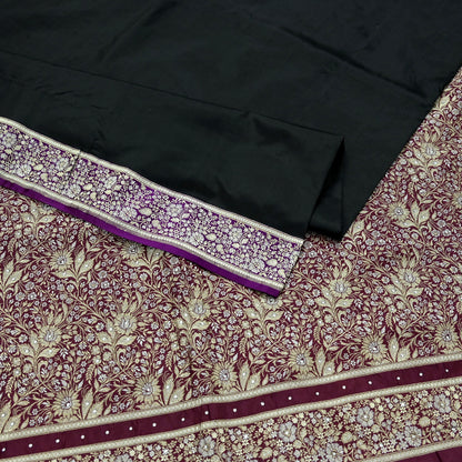 Indian Vintage Sari Purple & Black Mysore Silk Woven Saree Zari Border 5 Yards Soft Craft Fabric Upcycle, Quilting, Dressmaking