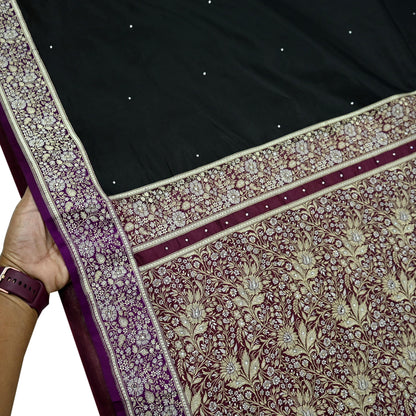 Indian Vintage Sari Purple & Black Mysore Silk Woven Saree Zari Border 5 Yards Soft Craft Fabric Upcycle, Quilting, Dressmaking