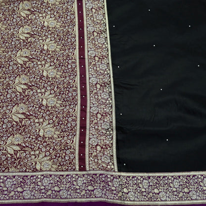 Indian Vintage Sari Purple & Black Mysore Silk Woven Saree Zari Border 5 Yards Soft Craft Fabric Upcycle, Quilting, Dressmaking