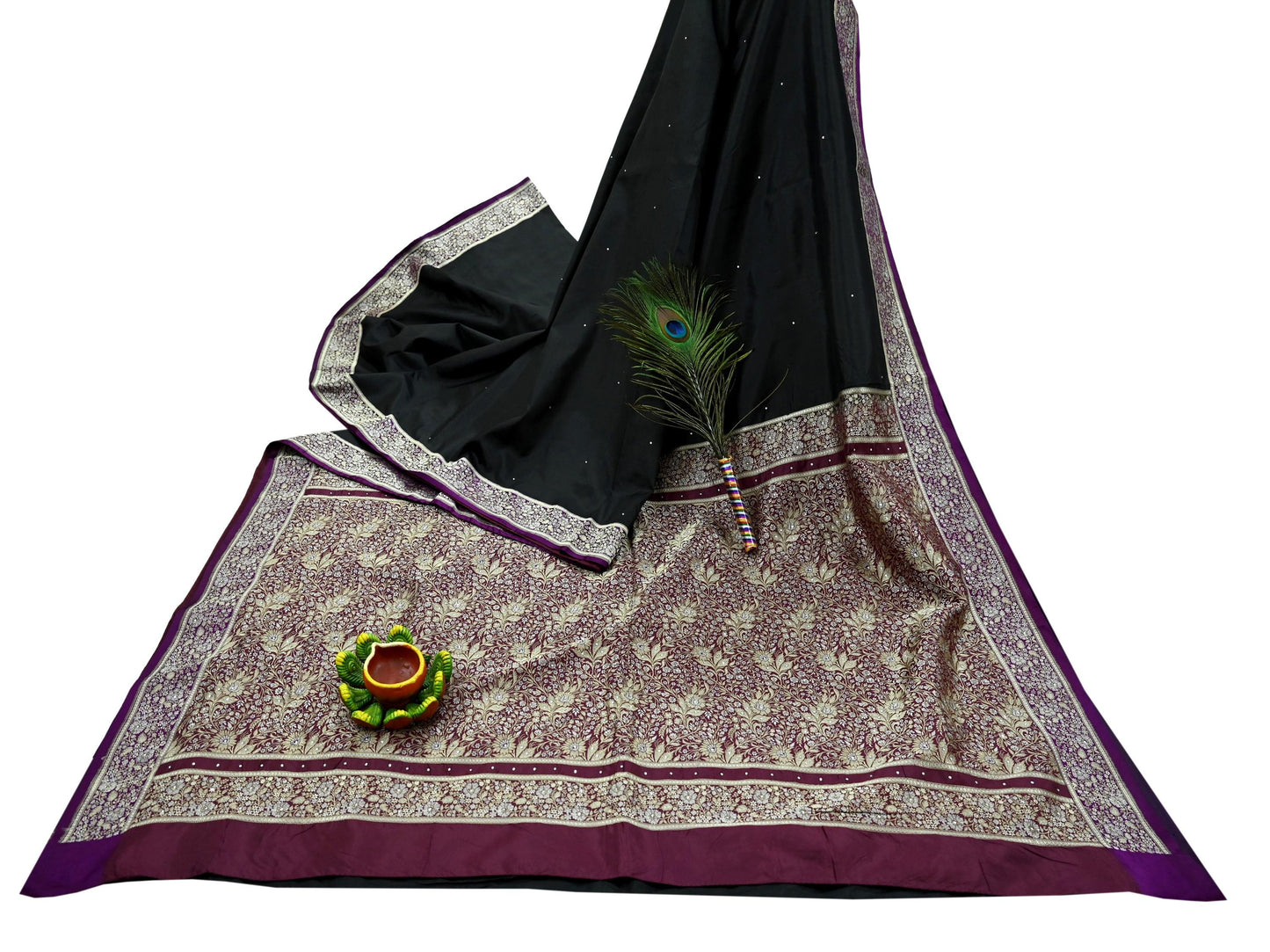 Indian Vintage Sari Purple & Black Mysore Silk Woven Saree Zari Border 5 Yards Soft Craft Fabric Upcycle, Quilting, Dressmaking