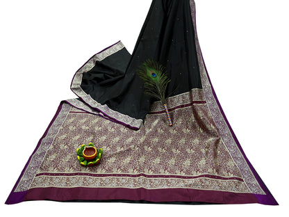 Indian Vintage Sari Purple & Black Mysore Silk Woven Saree Zari Border 5 Yards Soft Craft Fabric Upcycle, Quilting, Dressmaking