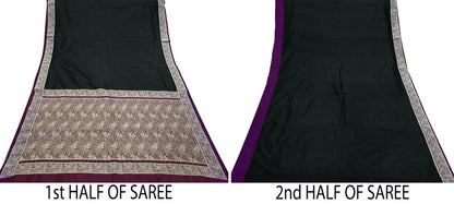 Indian Vintage Sari Purple & Black Mysore Silk Woven Saree Zari Border 5 Yards Soft Craft Fabric Upcycle, Quilting, Dressmaking