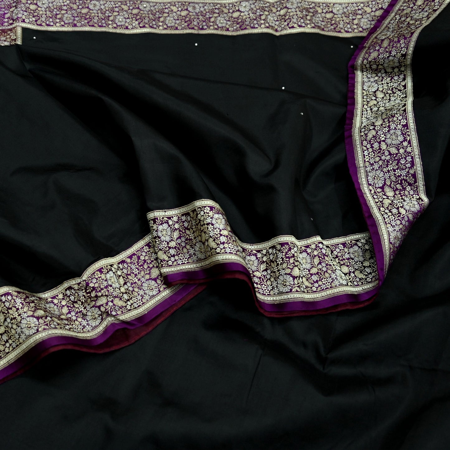 Indian Vintage Sari Purple & Black Mysore Silk Woven Saree Zari Border 5 Yards Soft Craft Fabric Upcycle, Quilting, Dressmaking