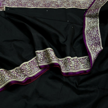 Indian Vintage Sari Purple & Black Mysore Silk Woven Saree Zari Border 5 Yards Soft Craft Fabric Upcycle, Quilting, Dressmaking