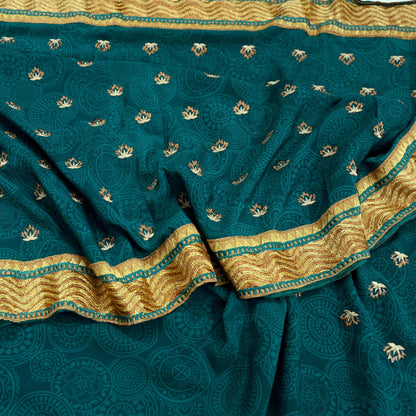 Indian Vintage Sari Green Pure Crepe Silk Hand Embroidered Saree 5yard Sewing Floral Craft Fabric Sequins Zari