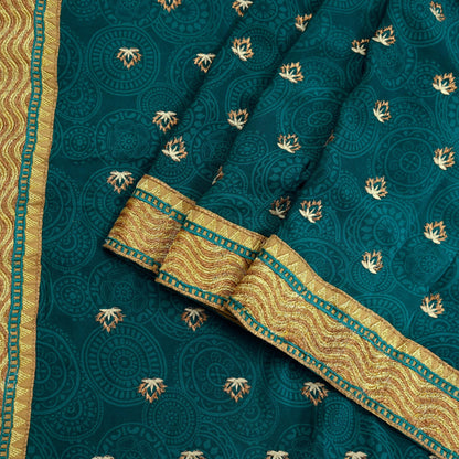 Indian Vintage Sari Green Pure Crepe Silk Hand Embroidered Saree 5yard Sewing Floral Craft Fabric Sequins Zari
