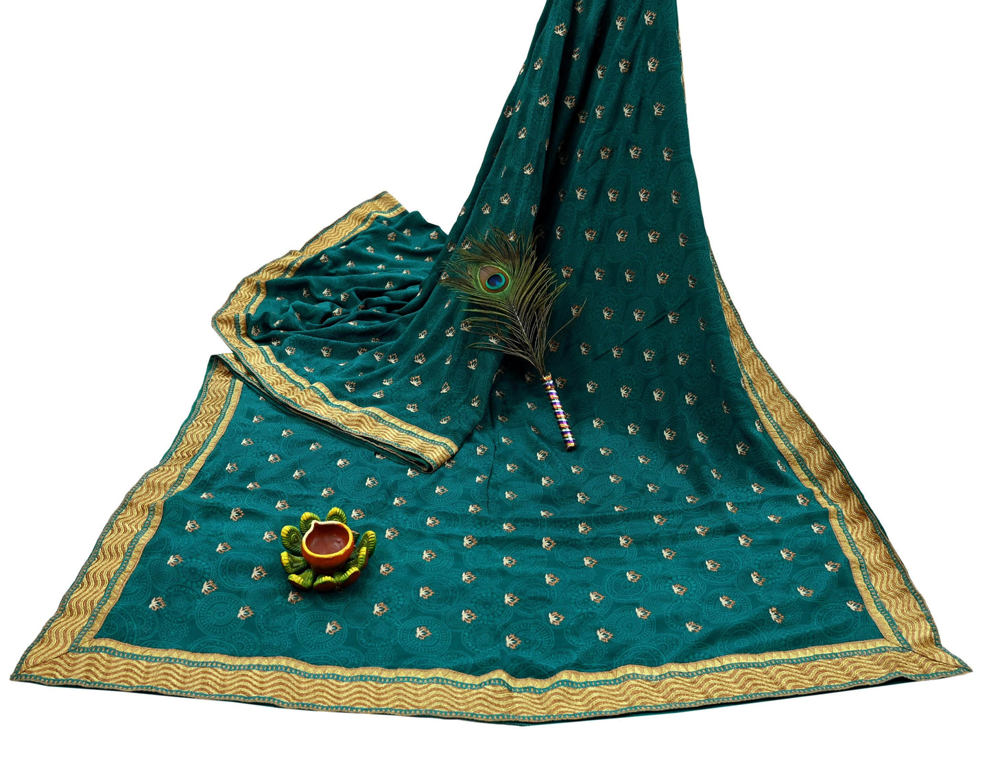 Indian Vintage Sari Green Pure Crepe Silk Hand Embroidered Saree 5yard Sewing Floral Craft Fabric Sequins Zari