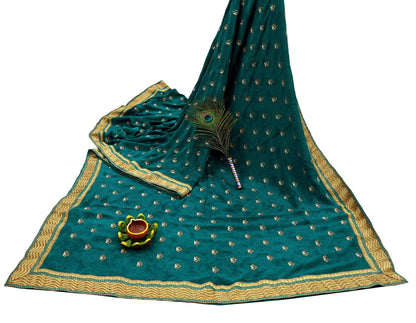 Indian Vintage Sari Green Pure Crepe Silk Hand Embroidered Saree 5yard Sewing Floral Craft Fabric Sequins Zari