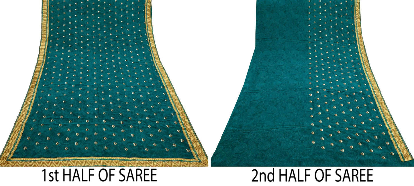 Indian Vintage Sari Green Pure Crepe Silk Hand Embroidered Saree 5yard Sewing Floral Craft Fabric Sequins Zari