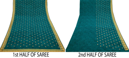 Indian Vintage Sari Green Pure Crepe Silk Hand Embroidered Saree 5yard Sewing Floral Craft Fabric Sequins Zari