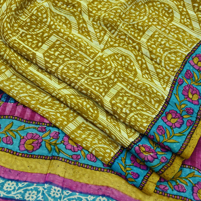 Indian Vintage Sari Green & Purple Pure Georgette Silk Printed Sarees 5Yd Craft Fabric Sewing Quilting Dress making Crafting Dress Designing