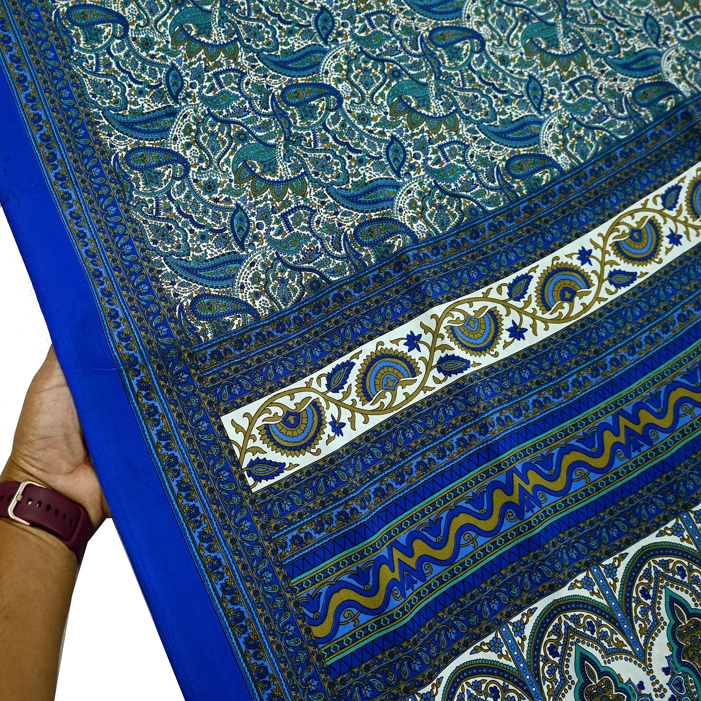 Indian Vintage Blue & White Moss Crepe Saree Printed Floral Sari Fabric 5 Yards Soft Fabric for Sewing, Dressmaking, Quilting,Upcycling