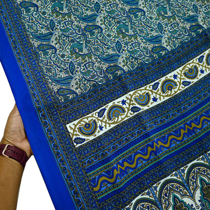 Indian Vintage Blue & White Moss Crepe Saree Printed Floral Sari Fabric 5 Yards Soft Fabric for Sewing, Dressmaking, Quilting,Upcycling
