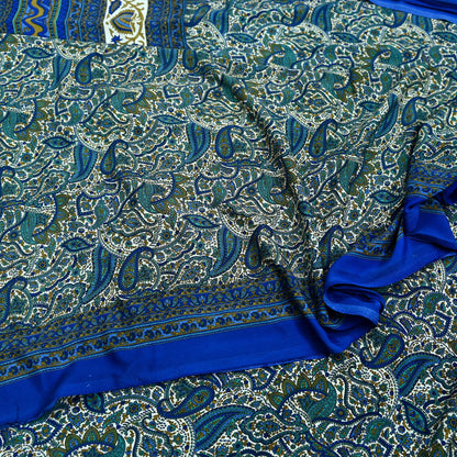 Indian Vintage Blue & White Moss Crepe Saree Printed Floral Sari Fabric 5 Yards Soft Fabric for Sewing, Dressmaking, Quilting,Upcycling