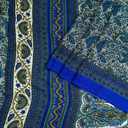 Indian Vintage Blue & White Moss Crepe Saree Printed Floral Sari Fabric 5 Yards Soft Fabric for Sewing, Dressmaking, Quilting,Upcycling