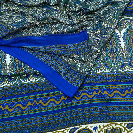Indian Vintage Blue & White Moss Crepe Saree Printed Floral Sari Fabric 5 Yards Soft Fabric for Sewing, Dressmaking, Quilting,Upcycling