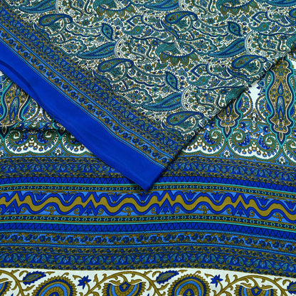 Indian Vintage Blue & White Moss Crepe Saree Printed Floral Sari Fabric 5 Yards Soft Fabric for Sewing, Dressmaking, Quilting,Upcycling