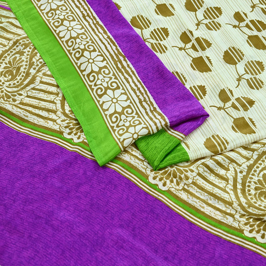 Indian Vintage Moss Crepe Printed Saree Floral 5 Yards Soft Craft Fabric for Dressmaking, Décor, Quilting, & Upcycling Crafting