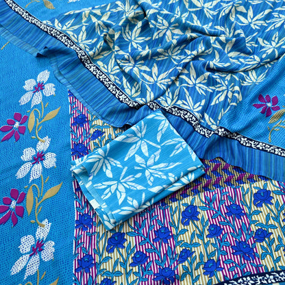Indian Vintage Blue Moss Crepe Saree Printed Floral Sari Fabric 6 Yards Soft Craft Fabric for Sewing, Dressmaking, Quilting,Upcycling