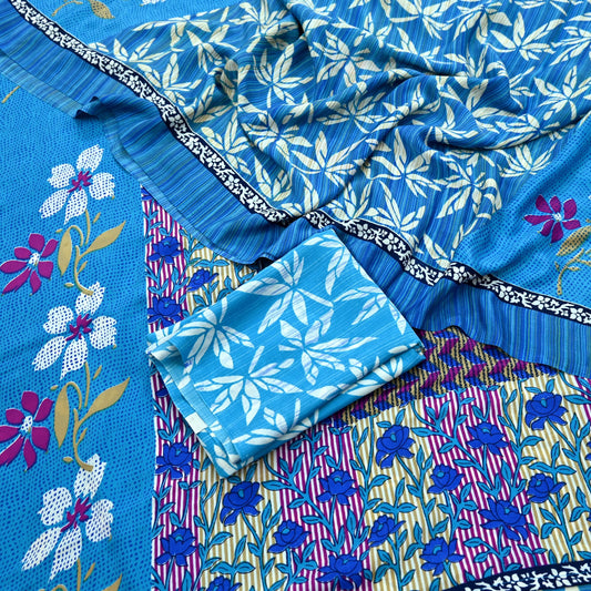 Indian Vintage Blue Moss Crepe Saree Printed Floral Sari Fabric 6 Yards Soft Craft Fabric for Sewing, Dressmaking, Quilting,Upcycling