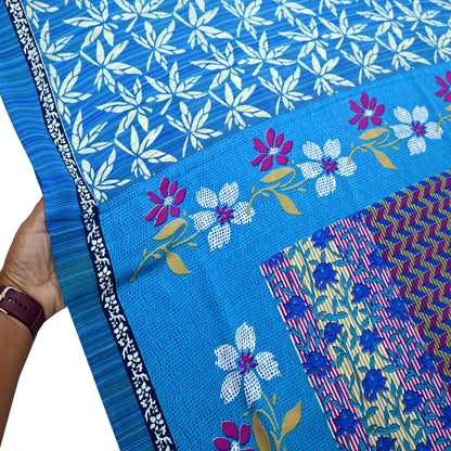 Indian Vintage Blue Moss Crepe Saree Printed Floral Sari Fabric 6 Yards Soft Craft Fabric for Sewing, Dressmaking, Quilting,Upcycling