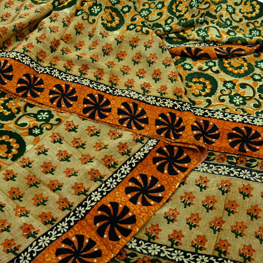 Indian Vintage Sari Green Pure Crepe Silk Printed Sarees 5yd Sewing Floral Soft Craft Fabric Wrap Dress Making Crafting Quilting Upcycle