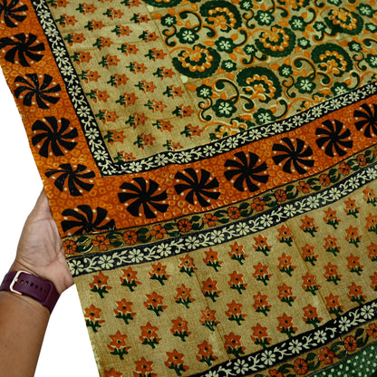 Indian Vintage Sari Green Pure Crepe Silk Printed Sarees 5yd Sewing Floral Soft Craft Fabric Wrap Dress Making Crafting Quilting Upcycle
