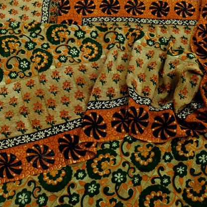 Indian Vintage Sari Green Pure Crepe Silk Printed Sarees 5yd Sewing Floral Soft Craft Fabric Wrap Dress Making Crafting Quilting Upcycle