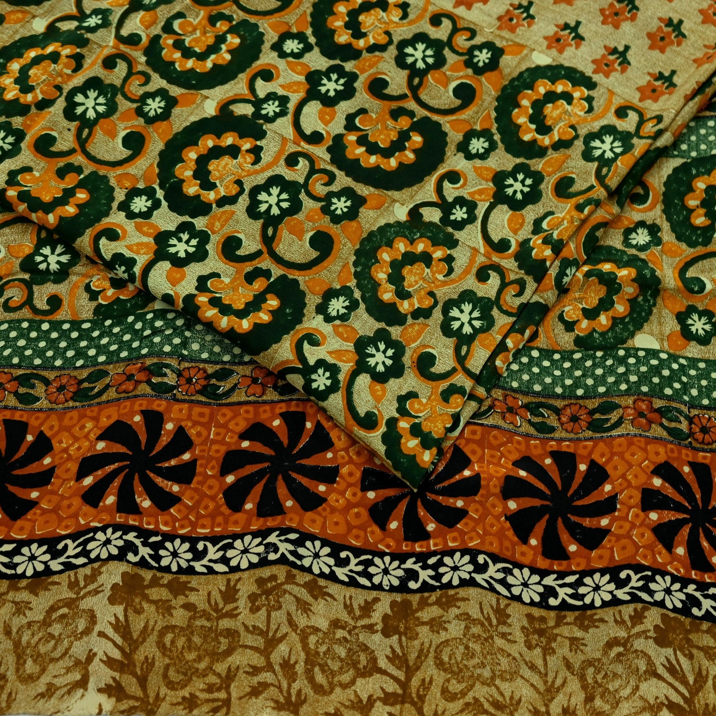 Indian Vintage Sari Green Pure Crepe Silk Printed Sarees 5yd Sewing Floral Soft Craft Fabric Wrap Dress Making Crafting Quilting Upcycle