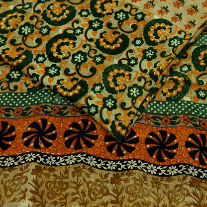 Indian Vintage Sari Green Pure Crepe Silk Printed Sarees 5yd Sewing Floral Soft Craft Fabric Wrap Dress Making Crafting Quilting Upcycle