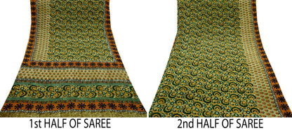 Indian Vintage Sari Green Pure Crepe Silk Printed Sarees 5yd Sewing Floral Soft Craft Fabric Wrap Dress Making Crafting Quilting Upcycle