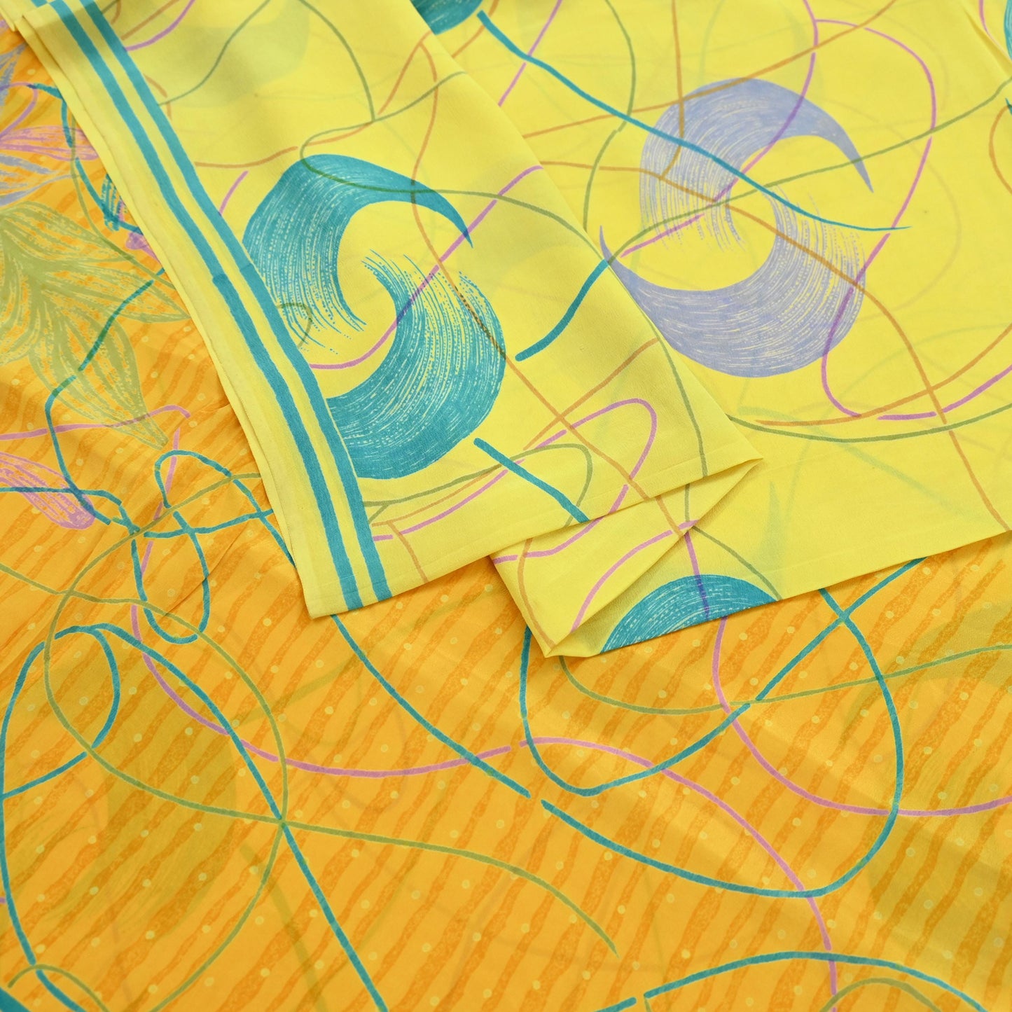 Indian Vintage Sari Yellow & Saffron Pure Crepe Silk Printed Saree 5yard Sewing Floral Craft Fabric Wrap