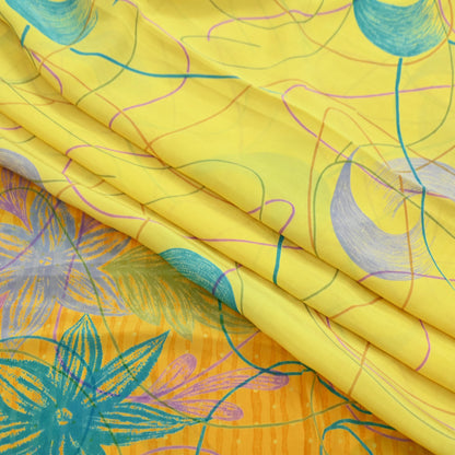 Indian Vintage Sari Yellow & Saffron Pure Crepe Silk Printed Saree 5yard Sewing Floral Craft Fabric Wrap