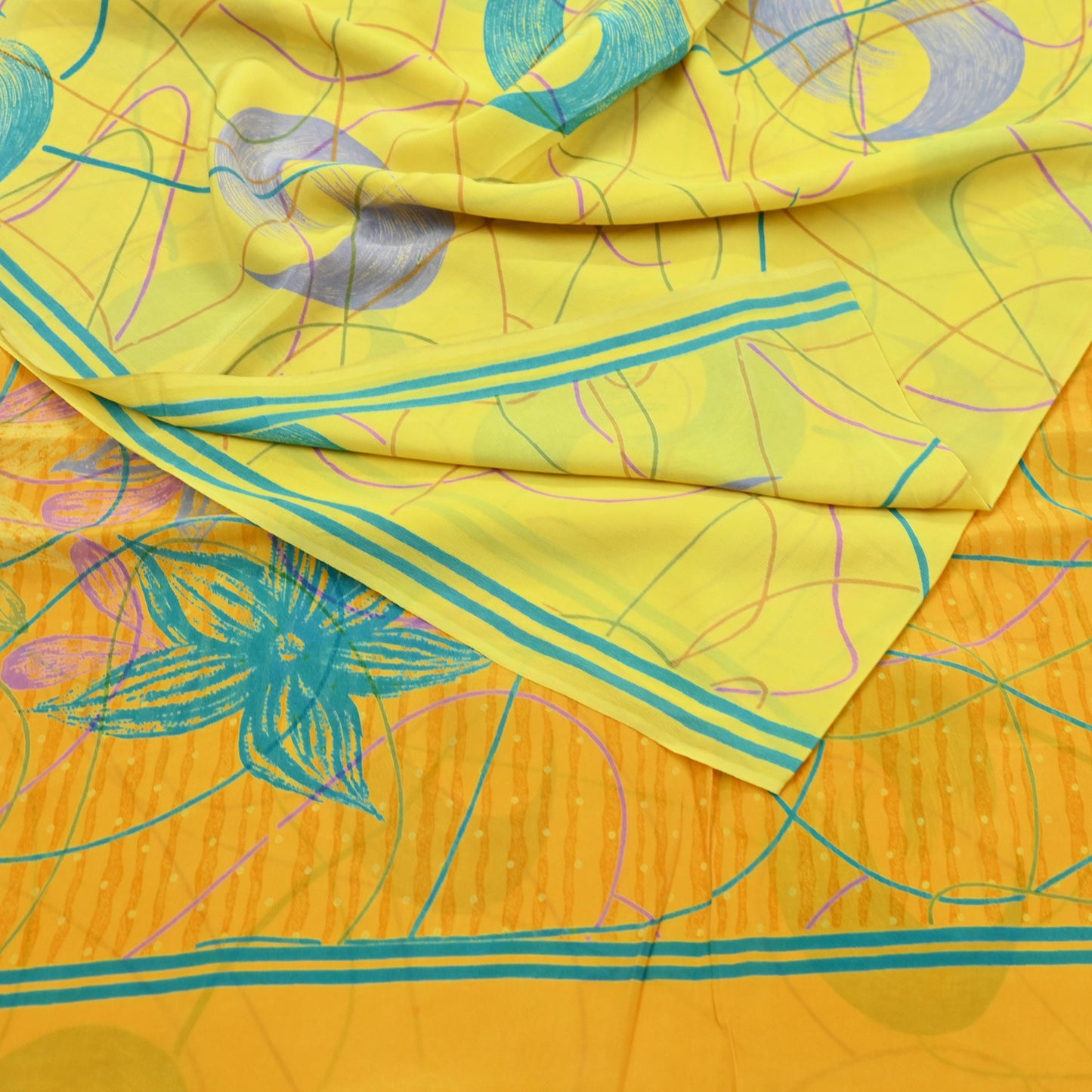 Indian Vintage Sari Yellow & Saffron Pure Crepe Silk Printed Saree 5yard Sewing Floral Craft Fabric Wrap