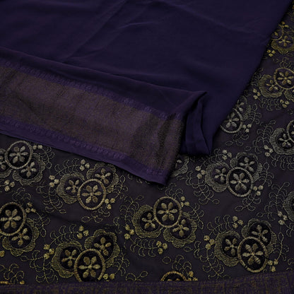 Indian Vintage Sari Purple Embroidered Pure Georgette Silk Sarees Craft Fabric 5Yd Ethnic Woven Zari Quilting Crafting Upcycle Dressmaking