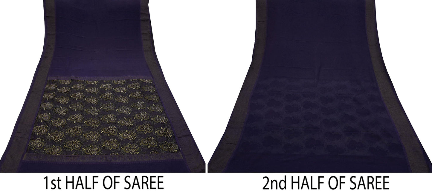 Indian Vintage Sari Purple Embroidered Pure Georgette Silk Sarees Craft Fabric 5Yd Ethnic Woven Zari Quilting Crafting Upcycle Dressmaking