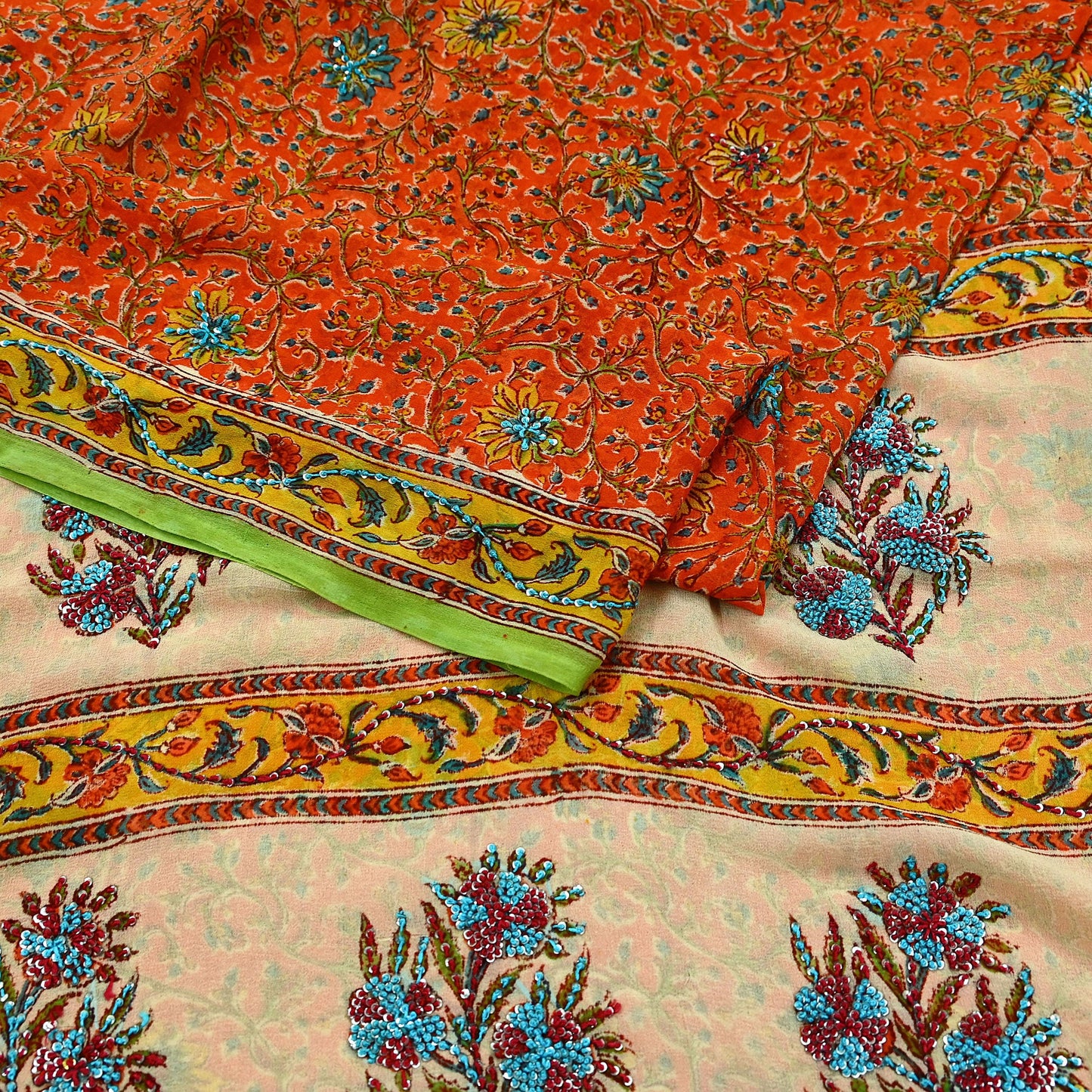 Indian Vintage Sari Hand Embroidered Printed 100% Pure Georgette Silk Saree Craft Fabric 5Yd Ethnic Soft Dress making For Crafting Quilting