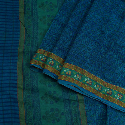 Women Vintage Sari Blue Pure Georgette Silk Printed Saree Craft Fabric Sewing 5Yard Soft Light Dress Making Floral Zari