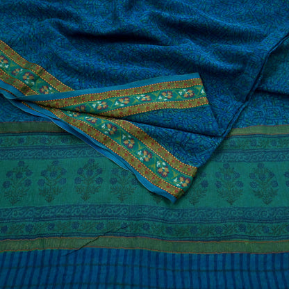 Women Vintage Sari Blue Pure Georgette Silk Printed Saree Craft Fabric Sewing 5Yard Soft Light Dress Making Floral Zari
