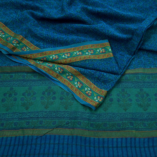 Women Vintage Sari Blue Pure Georgette Silk Printed Saree Craft Fabric Sewing 5Yard Soft Light Dress Making Floral Zari