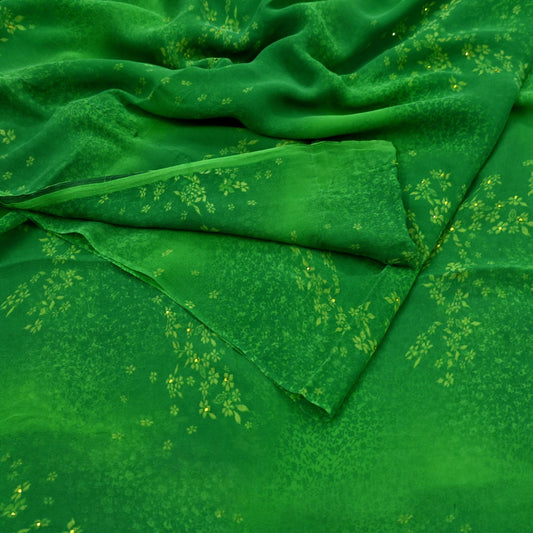 Indian Vintage Sari Green 100% Pure Georgette Silk Printed Sarees Sewing 5yd Craft Soft Dress Designing for Crafting Floral Dressmaking